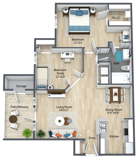 A floor plan of a living space with a living room, kitchen, two bedrooms, a bathroom, and storage.